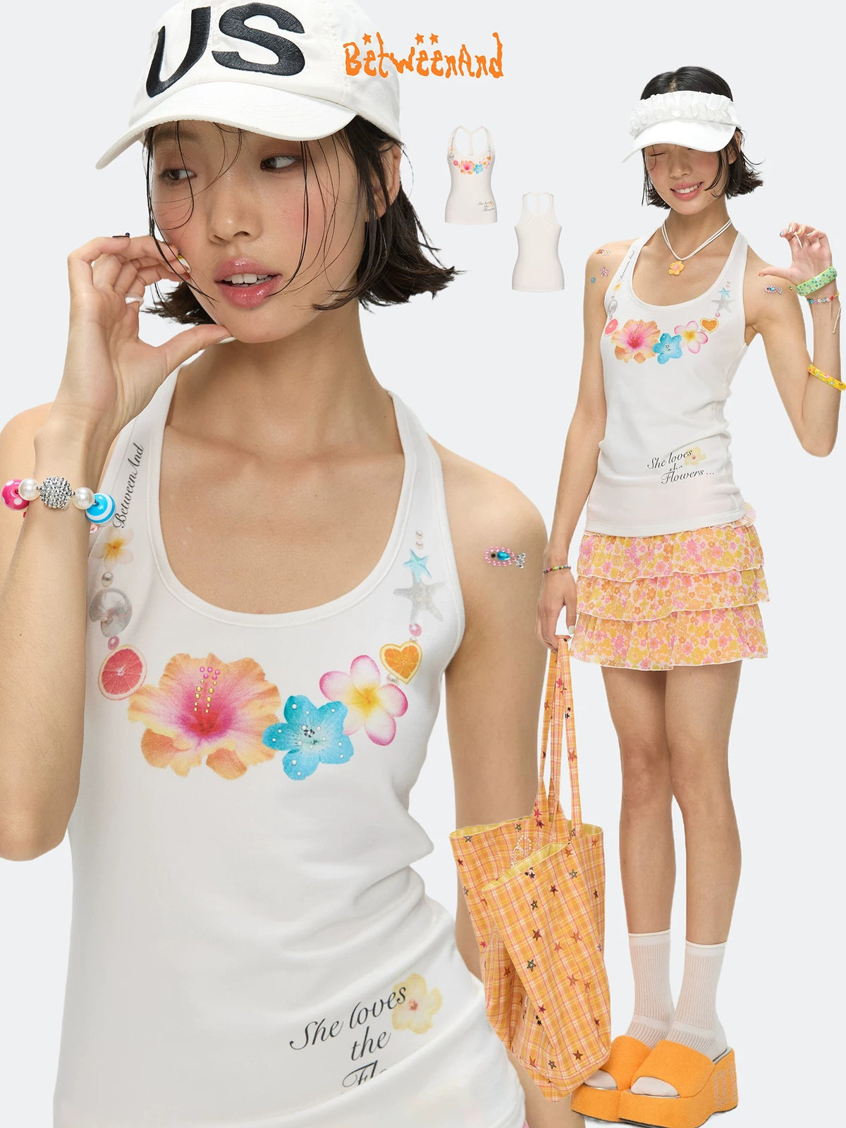 [BETWEENAND] flower pearl neckband top