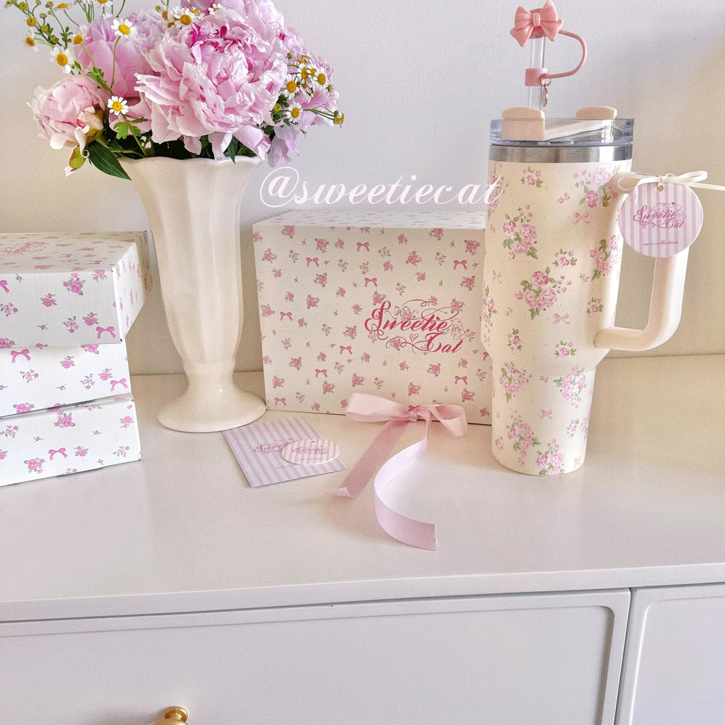 [cn | pre-order] sweetiecat floral stainless steel straw tumbler cup