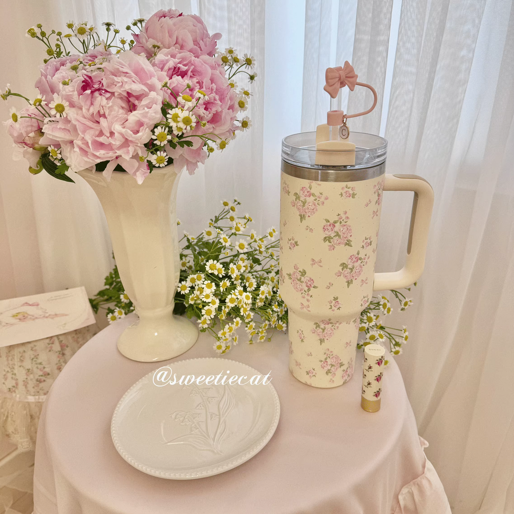 [cn | pre-order] sweetiecat floral stainless steel straw tumbler cup