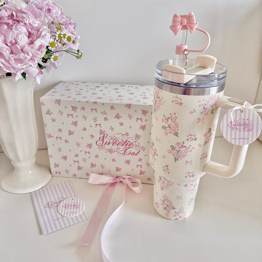 [cn | pre-order] sweetiecat floral stainless steel straw tumbler cup